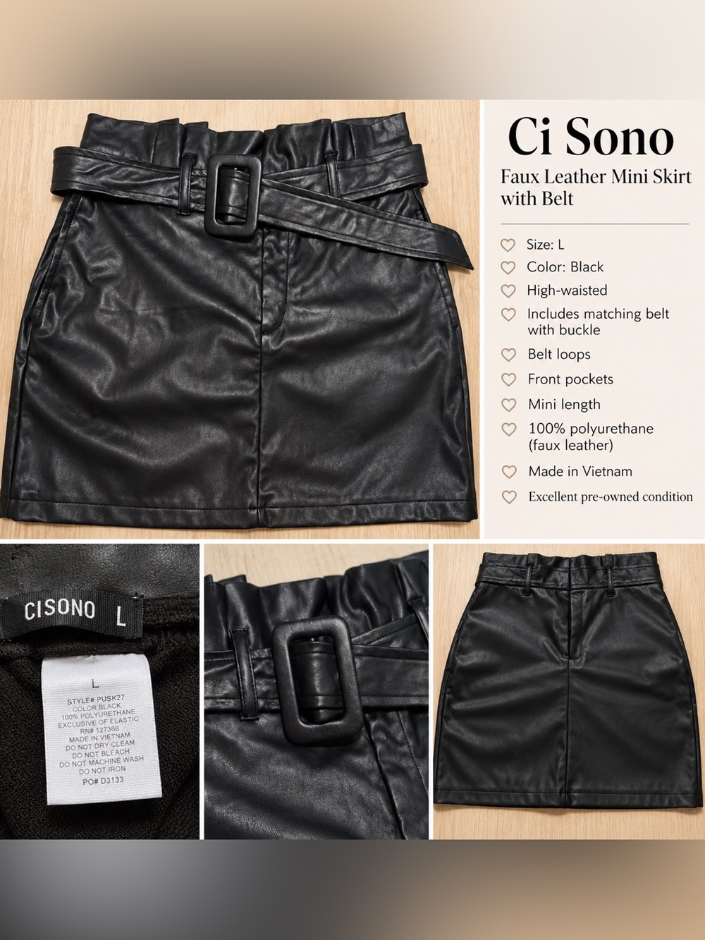 Ci Sono Black Faux Leather Mini Skirt with belt — Size L